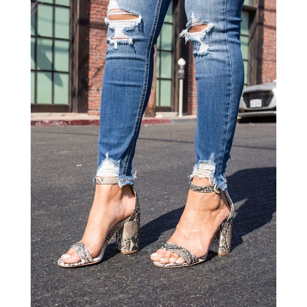 Qupid Snake Embossed Open Toe Ankle Strap Chunky Heel in Beige Brown